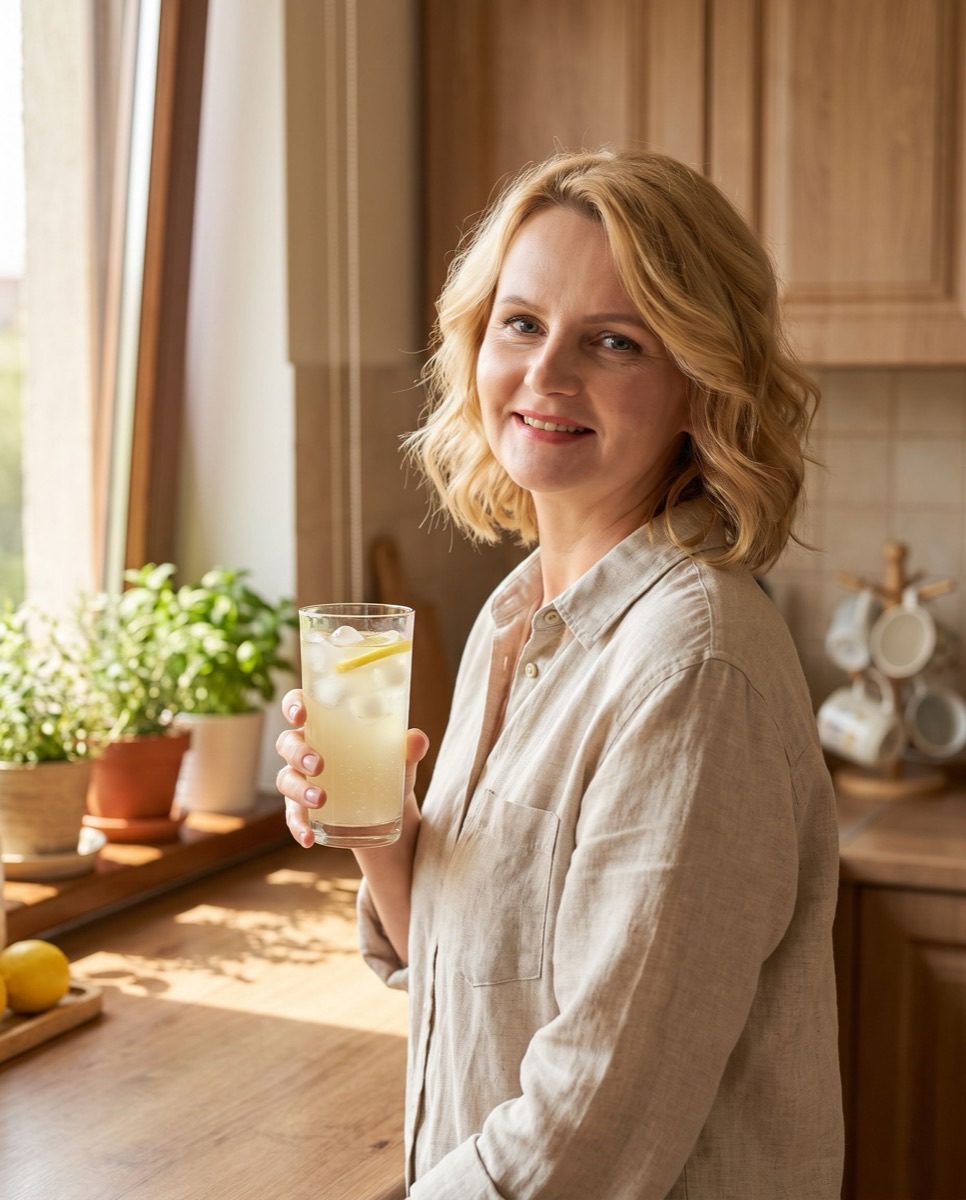 Daniela holding a glass of lemonade in her kitchen
