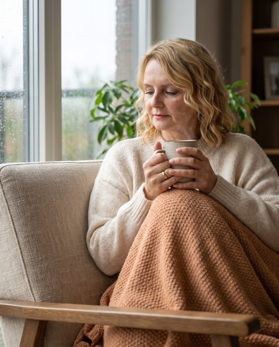 Daniela sitting calmly by a window with a mug